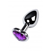 Серебристая коническая анальная пробка с фиолетовым кристаллом-сердечком - 7 см. - ToyFa - купить с доставкой в Иркутске