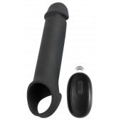 Черная вибронасадка для пениса с хомутом для мошонки и пультом ДУ Remote Controlled Penis Extension - Orion - в Иркутске купить с доставкой
