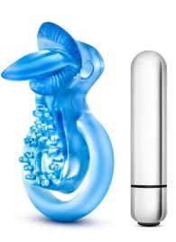 Голубое эрекционное виброкольцо 10 Function Vibrating Tongue Ring - Blush Novelties - в Иркутске купить с доставкой