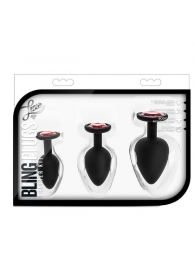 Набор черных анальных пробок с красным кристаллом-сердечком Bling Plugs Training Kit - Blush Novelties - купить с доставкой в Иркутске