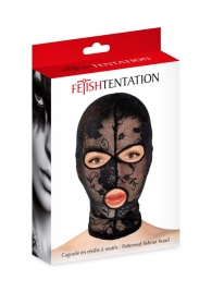 Черная кружевная маска на голову с отверстиями для глаз и рта - Fetish Tentation - купить с доставкой в Иркутске