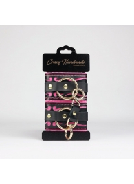 Черные кожаные наручники с розовой строчкой - Crazy Handmade - купить с доставкой в Иркутске