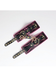 Черные кожаные наручники с розовой строчкой - Crazy Handmade - купить с доставкой в Иркутске
