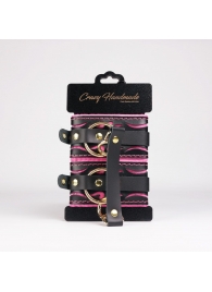 Черные кожаные оковы с розовой строчкой - Crazy Handmade - купить с доставкой в Иркутске