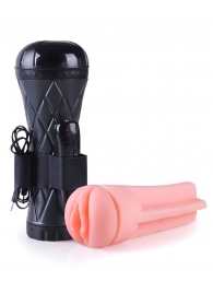 Телесный мастурбатор-вагина в черной колбе с вибрацией - Boys of Toys - в Иркутске купить с доставкой