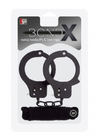 Чёрные наручники из листового металла в комплекте с веревкой BONDX METAL CUFFS LOVE ROPE SET - Dream Toys - купить с доставкой в Иркутске