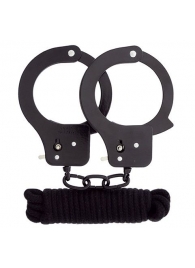 Чёрные наручники из листового металла в комплекте с веревкой BONDX METAL CUFFS LOVE ROPE SET - Dream Toys - купить с доставкой в Иркутске