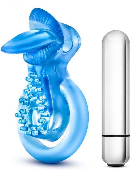 Голубое эрекционное виброкольцо 10 Function Vibrating Tongue Ring - Blush Novelties - в Иркутске купить с доставкой