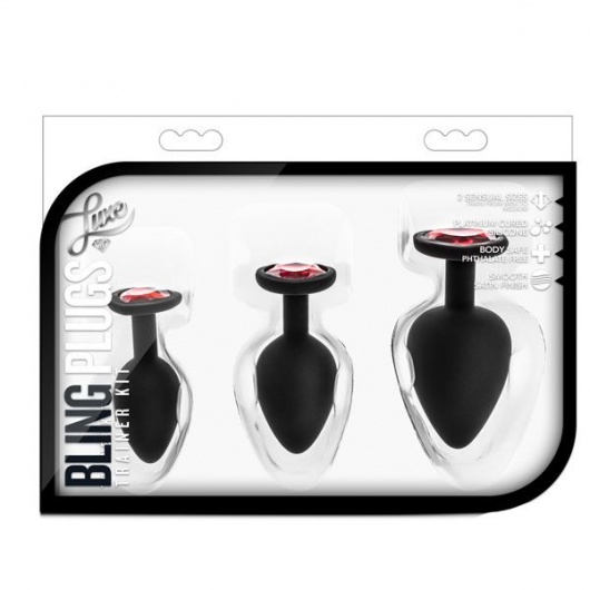 Набор черных анальных пробок с красным кристаллом-сердечком Bling Plugs Training Kit - Blush Novelties - купить с доставкой в Иркутске