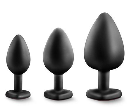 Набор черных анальных пробок с красным кристаллом-сердечком Bling Plugs Training Kit - Blush Novelties - купить с доставкой в Иркутске