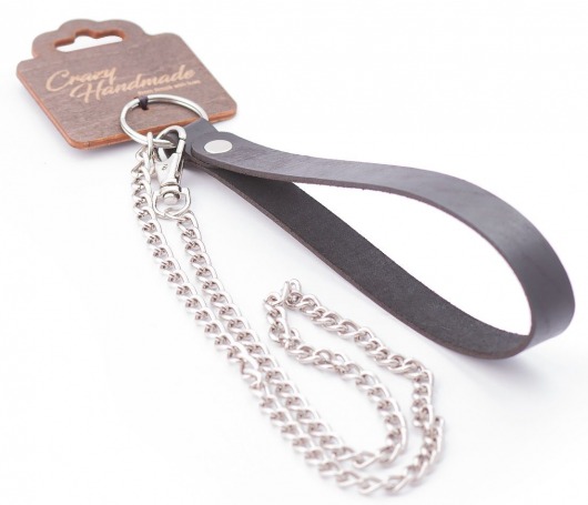Серебристый металлический поводок с кожаной черной ручкой - 80 см. - Crazy Handmade - купить с доставкой в Иркутске