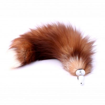 Серебристая анальная пробка с натуральным лисьим хвостиком - Crazy Handmade