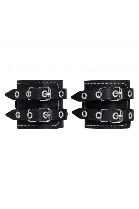 Черные кожаные наручники с двумя ремнями и красной подкладкой - Pecado - купить с доставкой в Иркутске