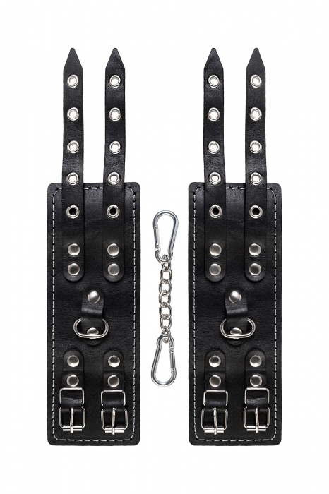 Черные кожаные наручники с двумя ремнями и красной подкладкой - Pecado - купить с доставкой в Иркутске