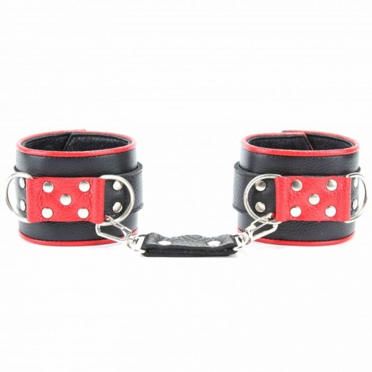 Широкие черные наручники с красным декором - БДСМ Арсенал - купить с доставкой в Иркутске