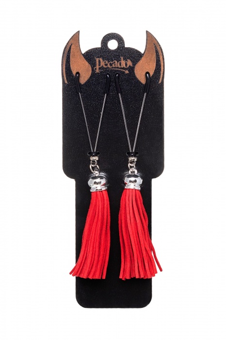 Зажимы на соски «Вилки» с красными кисточками из замши - Pecado - купить с доставкой в Иркутске