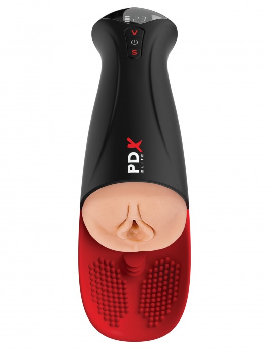 Телесный мастурбатор-вагина в черной колбе с вибрацией Fuck-O-Matic Pro XL - Pipedream - в Иркутске купить с доставкой