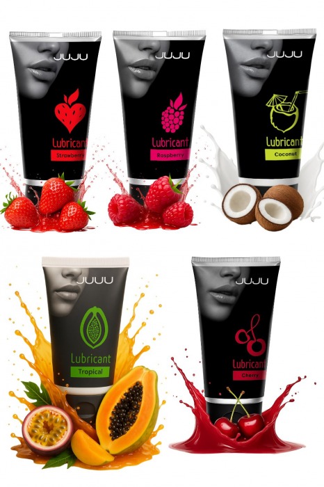 Набор из 5 съедобных лубрикантов JUJU (клубника, малина, тропические фрукты, вишня, кокос) - JuJu - купить с доставкой в Иркутске