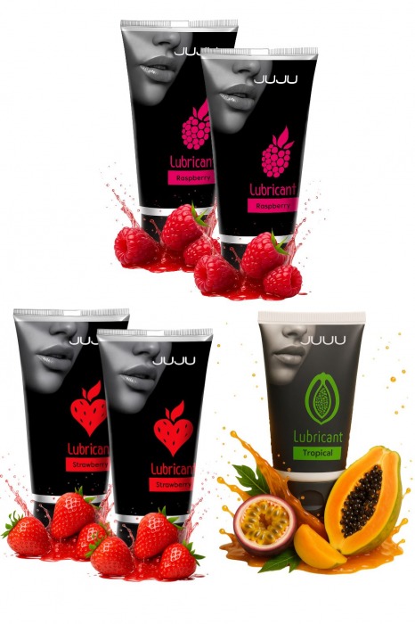 Набор из 5 съедобных лубрикантов JUJU (клубника х 2, малина х 2, тропические фрукты) - JuJu - купить с доставкой в Иркутске