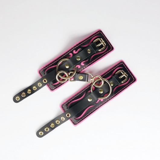 Черные кожаные наручники с розовой строчкой - Crazy Handmade - купить с доставкой в Иркутске Черные кожаные наручники с розовой строчкой - Crazy Handmade - купить с доставкой в Иркутске