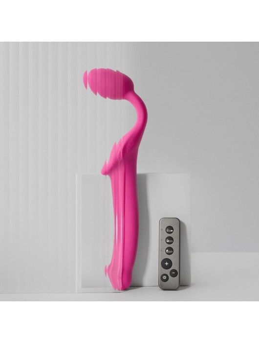 Ярко-розовый безремневой страпон Strap-on-me Vibrating Bendable Strap-On size L - Strap-on-me - купить с доставкой в Иркутске