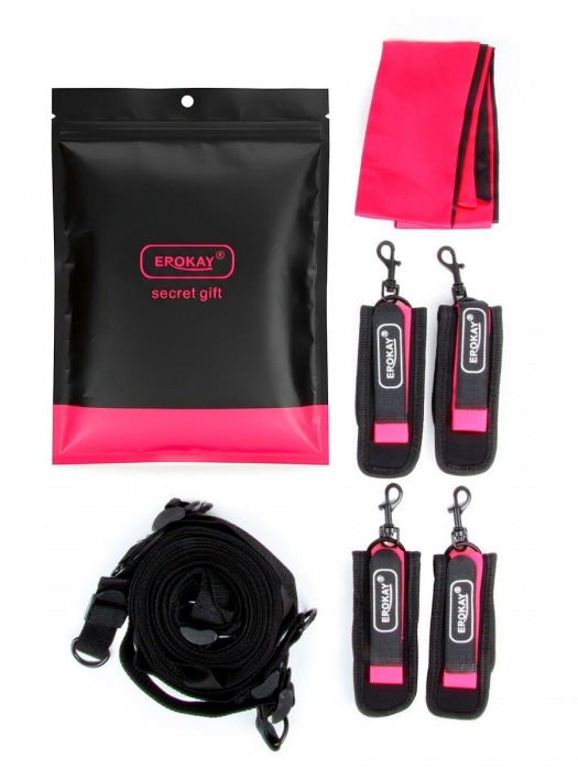 Черно-розовый эротический набор: фиксатор, оковы, наручники, повязка - Erokay - купить с доставкой в Иркутске