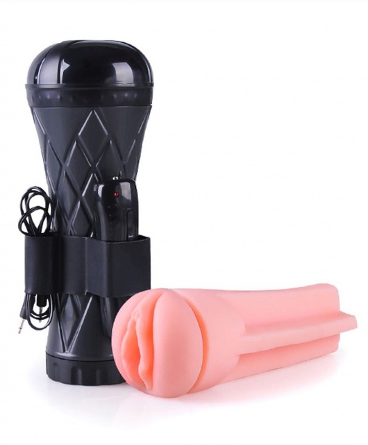 Телесный мастурбатор-вагина в черной колбе с вибрацией - Boys of Toys - в Иркутске купить с доставкой